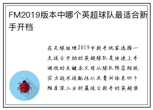 FM2019版本中哪个英超球队最适合新手开档